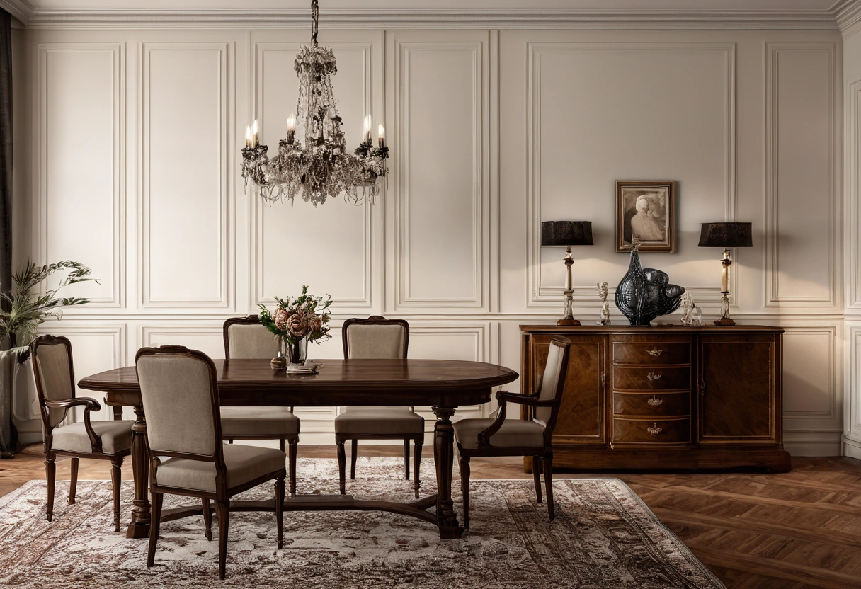 Dining room with an antique sideboard and new classic chairs